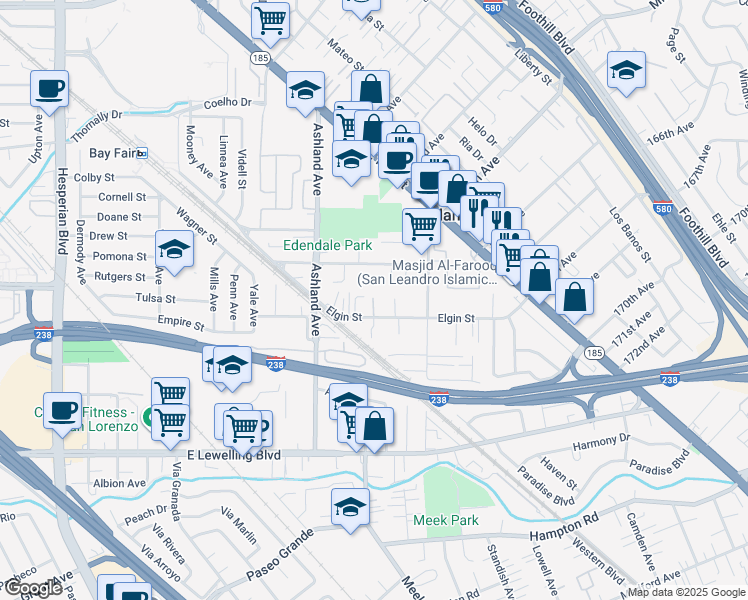 map of restaurants, bars, coffee shops, grocery stores, and more near 922 Elgin Court in San Lorenzo
