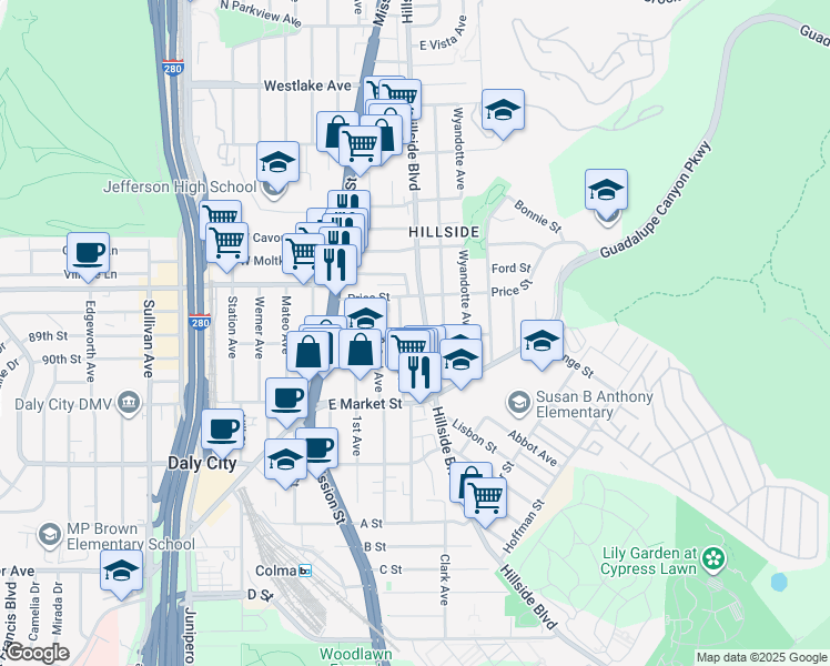 map of restaurants, bars, coffee shops, grocery stores, and more near 899 Hillside Boulevard in Daly City