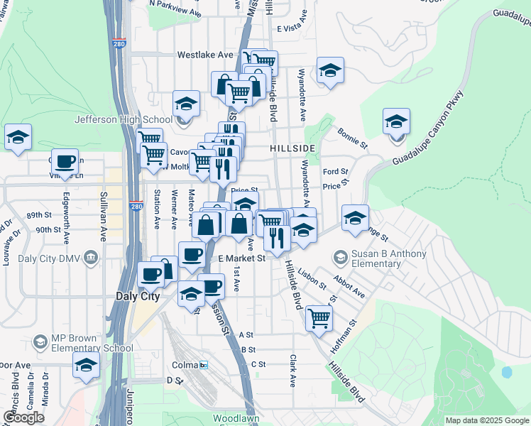 map of restaurants, bars, coffee shops, grocery stores, and more near 68 3rd Avenue in Daly City