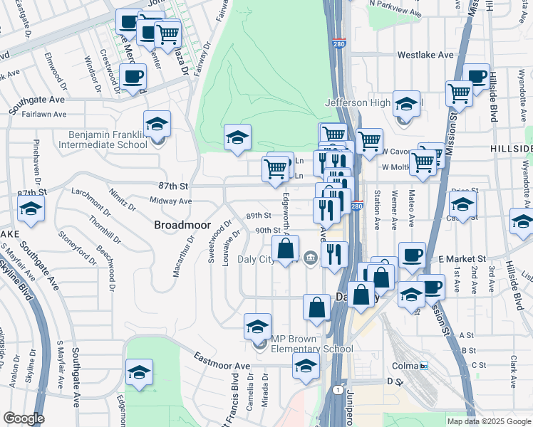 map of restaurants, bars, coffee shops, grocery stores, and more near 414 89th Street in Daly City