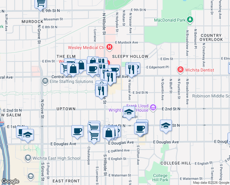 map of restaurants, bars, coffee shops, grocery stores, and more near 362 North Holyoke Street in Wichita