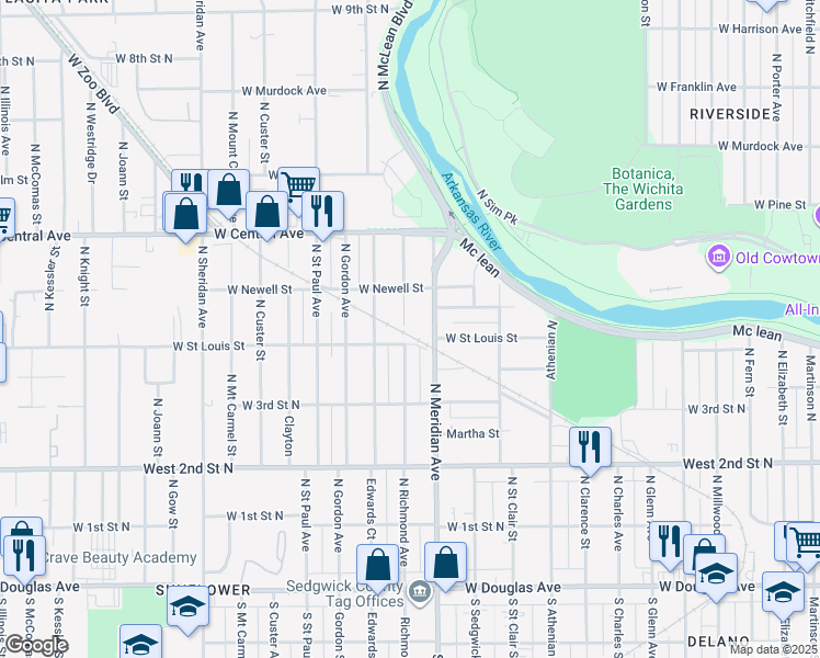 map of restaurants, bars, coffee shops, grocery stores, and more near 512 Richmond North in Wichita