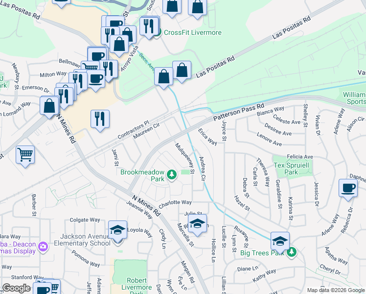 map of restaurants, bars, coffee shops, grocery stores, and more near 4841 Andrea Court in Livermore
