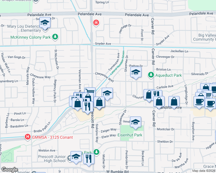 map of restaurants, bars, coffee shops, grocery stores, and more near 3620 Doheny Way in Modesto