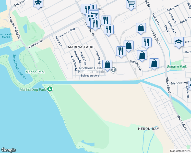 map of restaurants, bars, coffee shops, grocery stores, and more near 2252 Belvedere Avenue in San Leandro