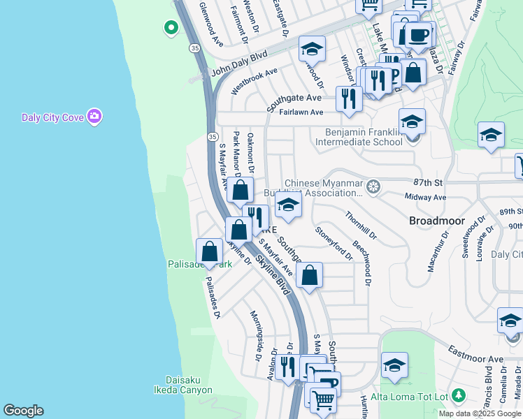 map of restaurants, bars, coffee shops, grocery stores, and more near 117 Brooklawn Avenue in Daly City