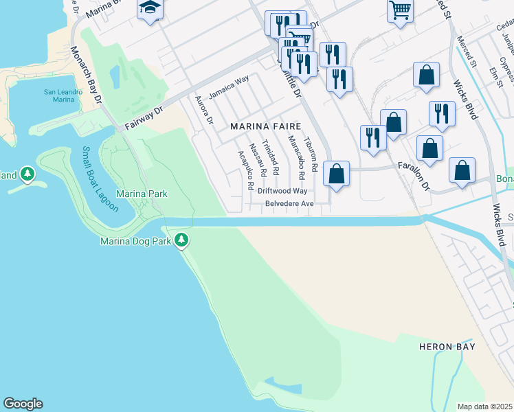 map of restaurants, bars, coffee shops, grocery stores, and more near 2434 Belvedere Avenue in San Leandro