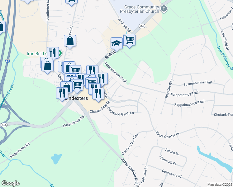 map of restaurants, bars, coffee shops, grocery stores, and more near 9436 Wild Rose Court in Mechanicsville