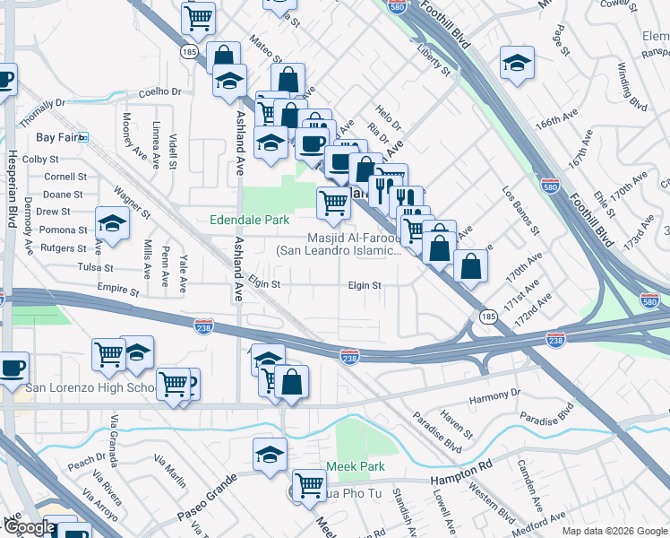 map of restaurants, bars, coffee shops, grocery stores, and more near 16473 Kent Avenue in San Lorenzo