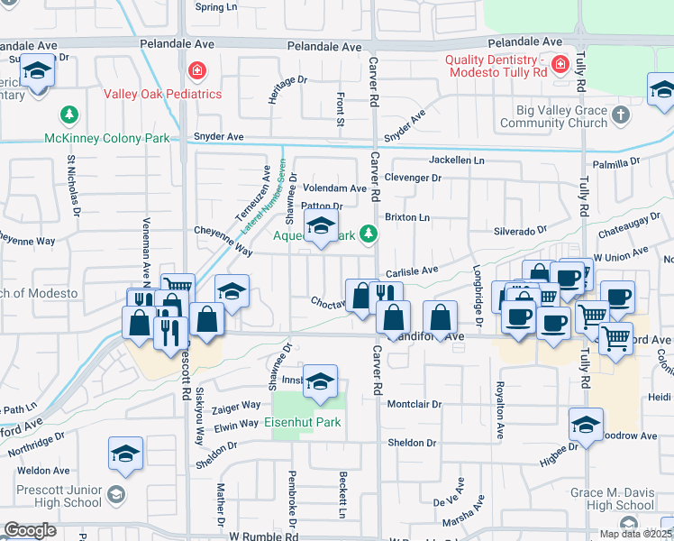 map of restaurants, bars, coffee shops, grocery stores, and more near 3625 Seminole Lane in Modesto