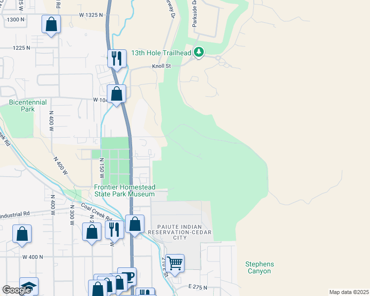 map of restaurants, bars, coffee shops, grocery stores, and more near 279 East Cedar Ridge Circle in Cedar City
