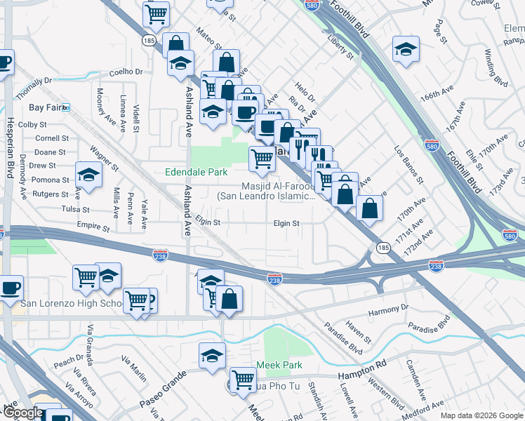 map of restaurants, bars, coffee shops, grocery stores, and more near 16473 Kent Avenue in San Lorenzo