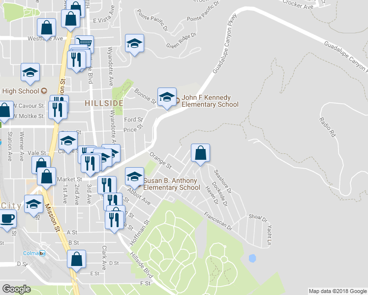map of restaurants, bars, coffee shops, grocery stores, and more near 98 Royce Way in Daly City