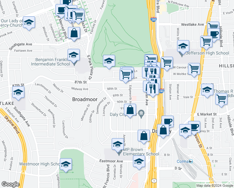 map of restaurants, bars, coffee shops, grocery stores, and more near 444 89th Street in Broadmoor