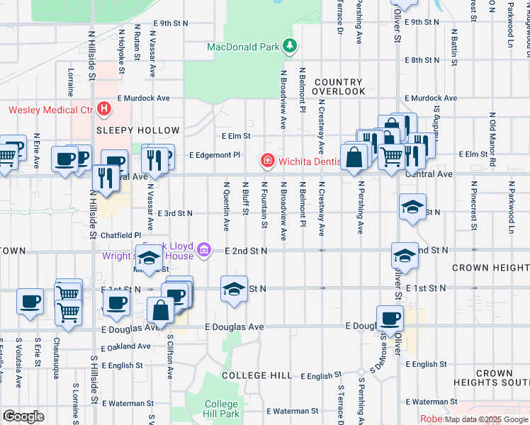 map of restaurants, bars, coffee shops, grocery stores, and more near 4100 East 3rd Street North in Wichita
