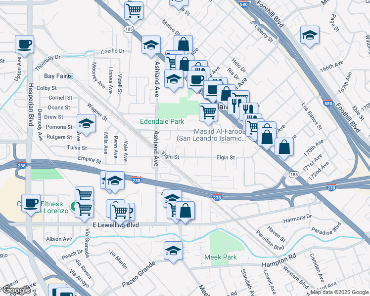 map of restaurants, bars, coffee shops, grocery stores, and more near 922 Elgin Court in San Lorenzo