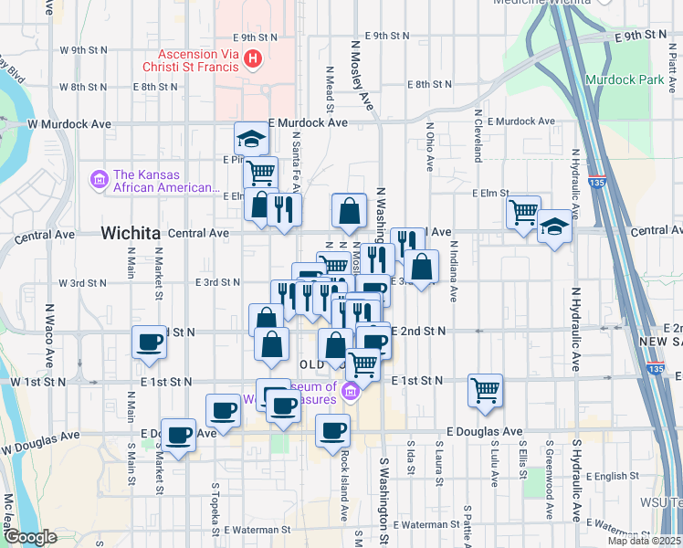 map of restaurants, bars, coffee shops, grocery stores, and more near 810 East 3rd Street North in Wichita
