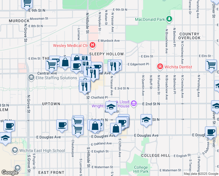 map of restaurants, bars, coffee shops, grocery stores, and more near 365 North Vassar Street in Wichita