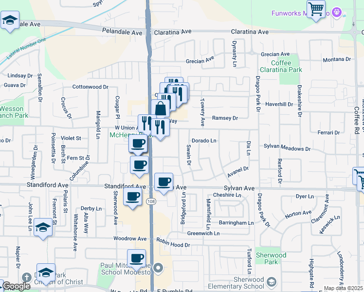 map of restaurants, bars, coffee shops, grocery stores, and more near 3708 Bridgeford Lane in Modesto