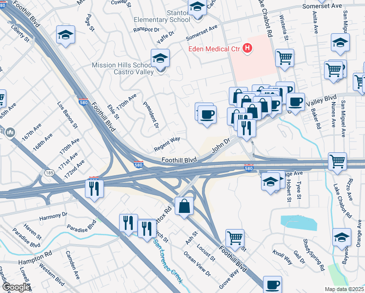 map of restaurants, bars, coffee shops, grocery stores, and more near 2281 Regent Way in Castro Valley
