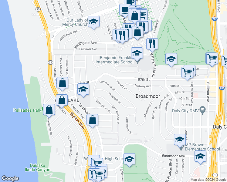 map of restaurants, bars, coffee shops, grocery stores, and more near 819 Larchmont Drive in Daly City