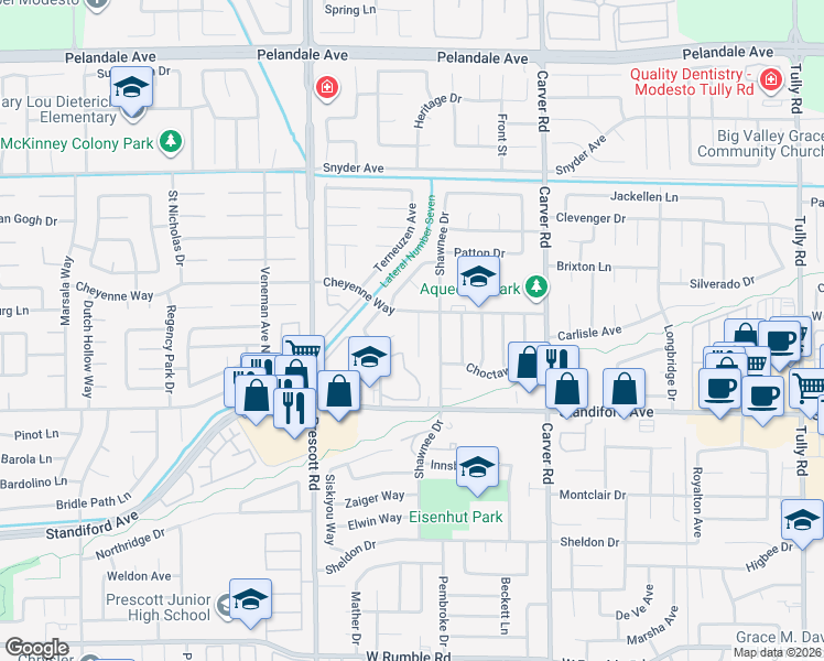 map of restaurants, bars, coffee shops, grocery stores, and more near 3621 Agate Drive in Modesto