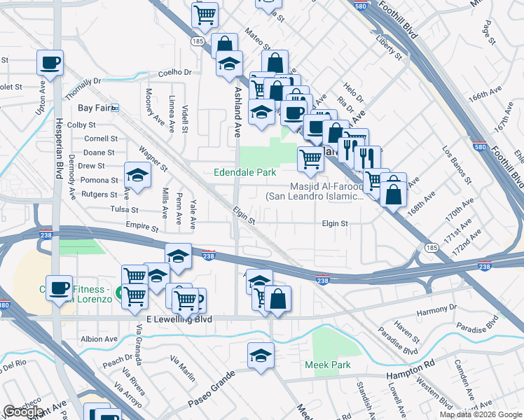 map of restaurants, bars, coffee shops, grocery stores, and more near 872 Elgin Street in San Lorenzo