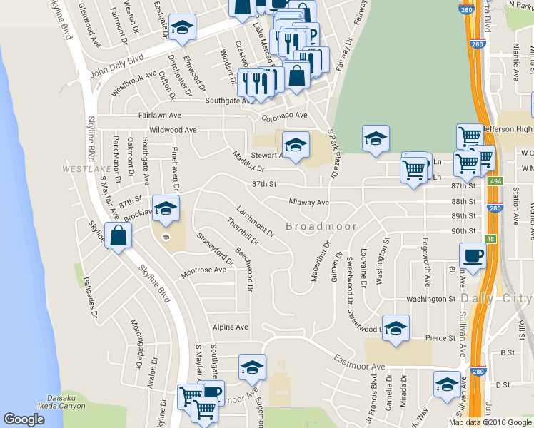 map of restaurants, bars, coffee shops, grocery stores, and more near 1191 Nimitz Drive in Daly City