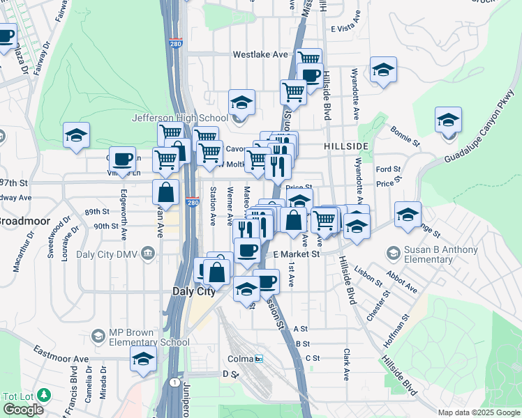 map of restaurants, bars, coffee shops, grocery stores, and more near 180 Bruno Avenue in Daly City