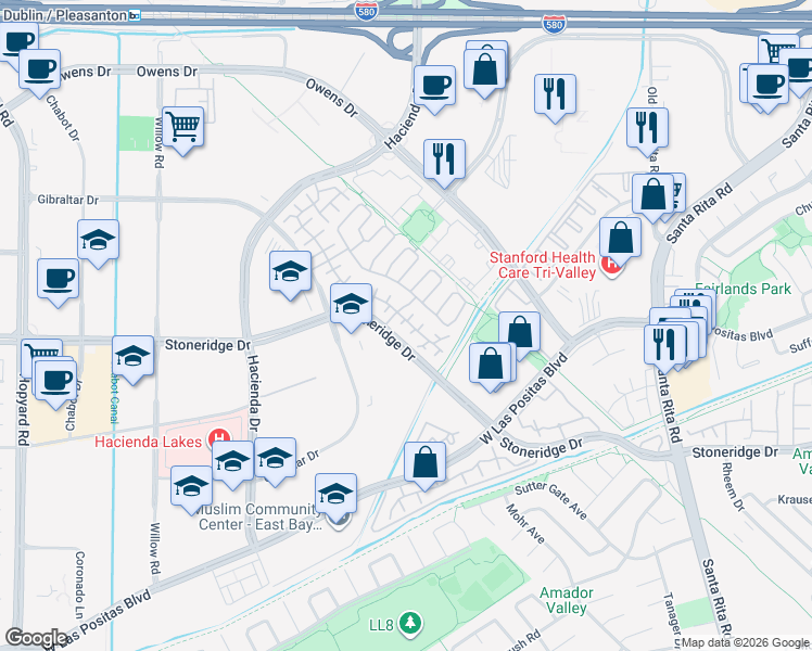 map of restaurants, bars, coffee shops, grocery stores, and more near 3640 Florian Street in Pleasanton