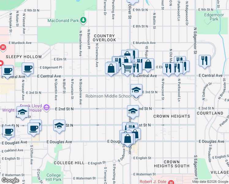 map of restaurants, bars, coffee shops, grocery stores, and more near 4600 East 3rd Street North in Wichita