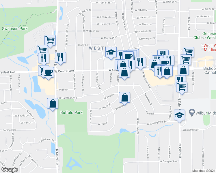 map of restaurants, bars, coffee shops, grocery stores, and more near 9710 West Hardtner Avenue in Wichita