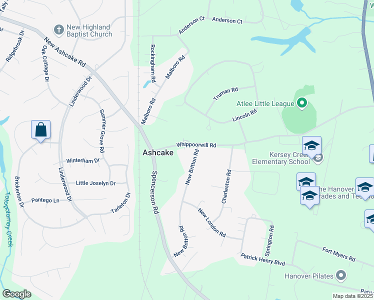 map of restaurants, bars, coffee shops, grocery stores, and more near 8443 Whippoorwill Road in Mechanicsville
