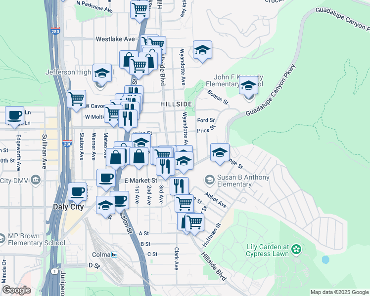 map of restaurants, bars, coffee shops, grocery stores, and more near 499 Castle Street in Daly City