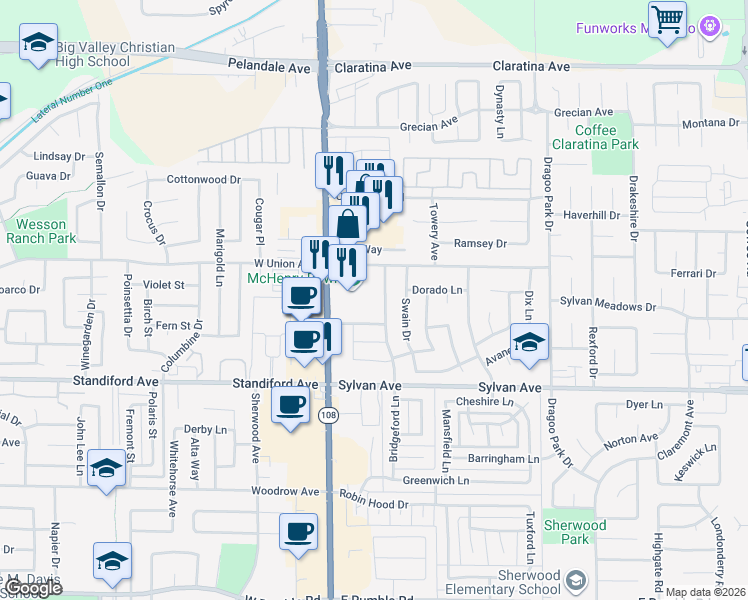 map of restaurants, bars, coffee shops, grocery stores, and more near 3709 Bridgeford Lane in Modesto