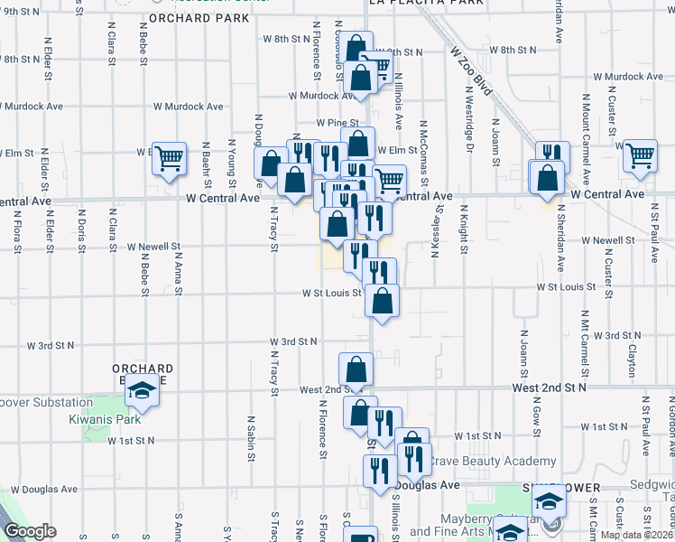 map of restaurants, bars, coffee shops, grocery stores, and more near 519 North West Street in Wichita