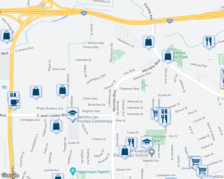 map of restaurants, bars, coffee shops, grocery stores, and more near 1287 Lakehurst Road in Livermore