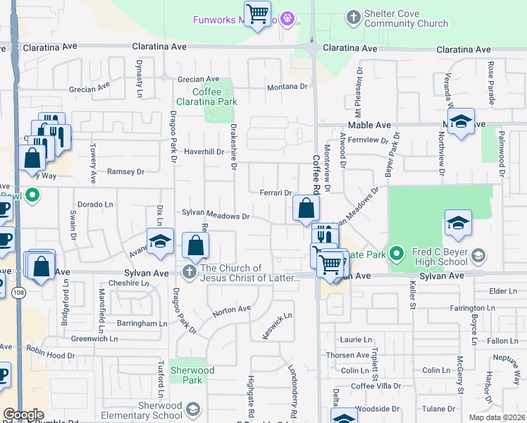 map of restaurants, bars, coffee shops, grocery stores, and more near 3607 Sylvan Meadows Court in Modesto