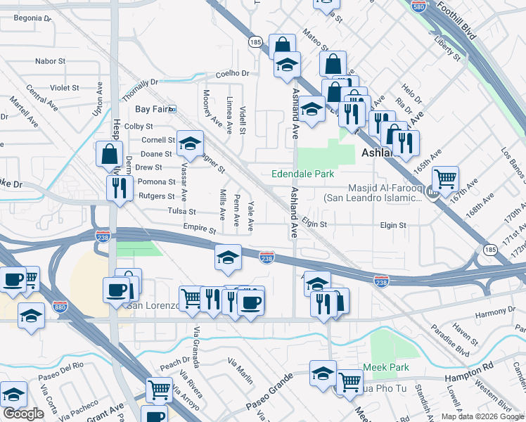 map of restaurants, bars, coffee shops, grocery stores, and more near 16285 Galway Court in San Lorenzo