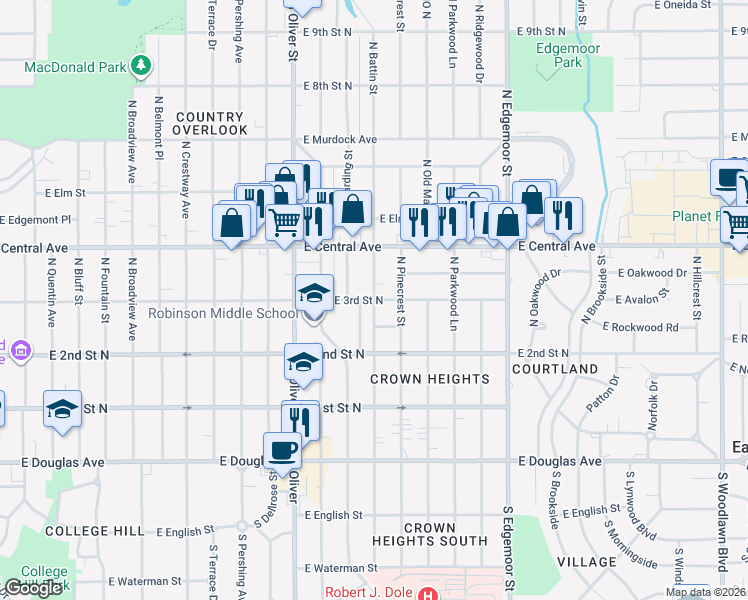 map of restaurants, bars, coffee shops, grocery stores, and more near 5100 East 3rd Street North in Wichita