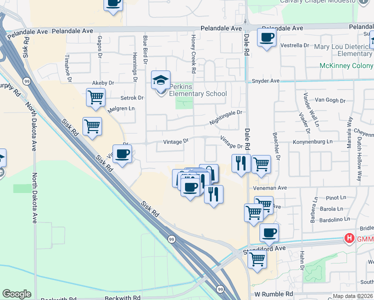 map of restaurants, bars, coffee shops, grocery stores, and more near 3620 Boutique Way in Modesto