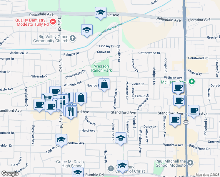 map of restaurants, bars, coffee shops, grocery stores, and more near 3636 Almeria Drive in Modesto