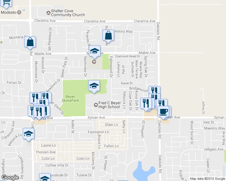 map of restaurants, bars, coffee shops, grocery stores, and more near 1820 Bridgewood Way in Modesto