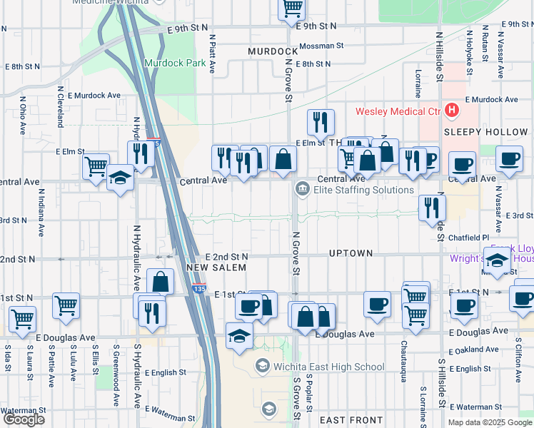 map of restaurants, bars, coffee shops, grocery stores, and more near 401 North Spruce Street in Wichita