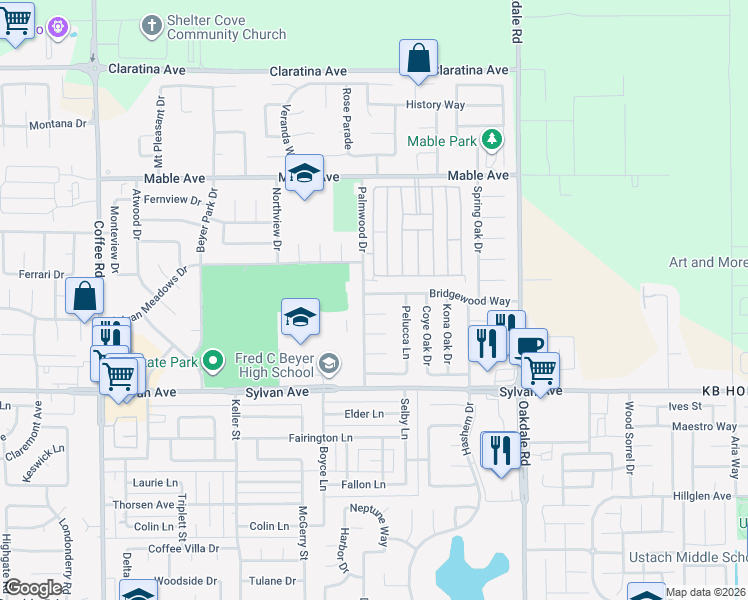 map of restaurants, bars, coffee shops, grocery stores, and more near 1820 Bridgewood Way in Modesto