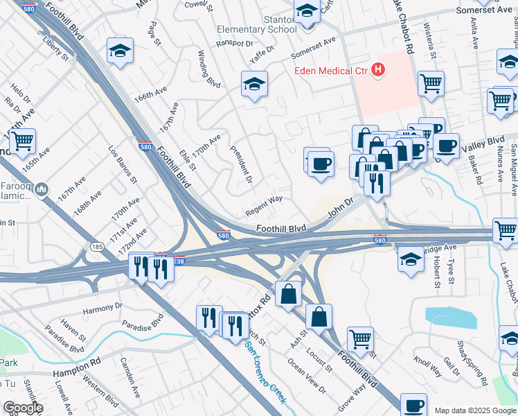 map of restaurants, bars, coffee shops, grocery stores, and more near 2134 Regent Way in Castro Valley