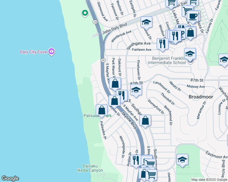 map of restaurants, bars, coffee shops, grocery stores, and more near 1147 S Mayfair Ave in Daly City