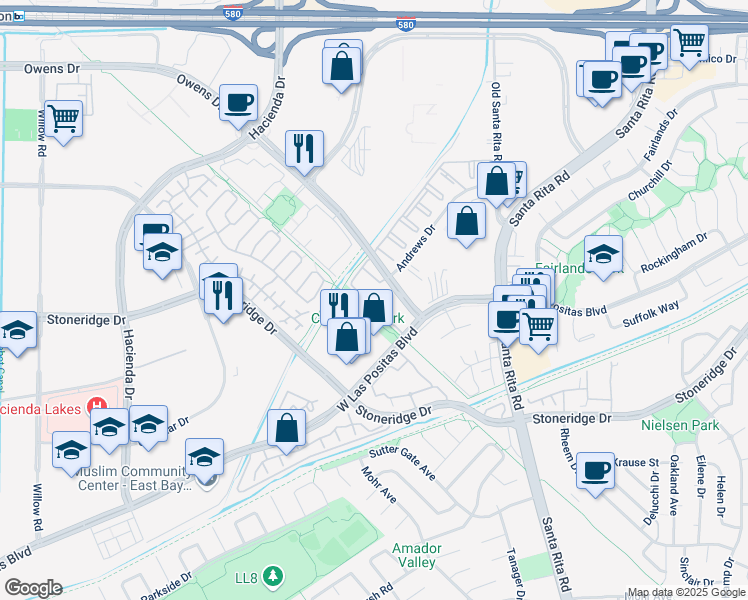 map of restaurants, bars, coffee shops, grocery stores, and more near 4990 Owens Drive in Pleasanton