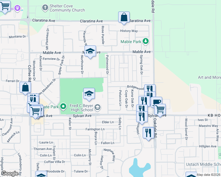 map of restaurants, bars, coffee shops, grocery stores, and more near 1820 Bridgewood Way in Modesto