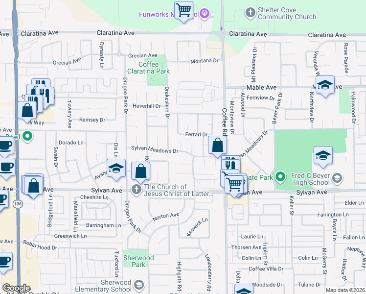 map of restaurants, bars, coffee shops, grocery stores, and more near 3607 Sylvan Meadows Court in Modesto